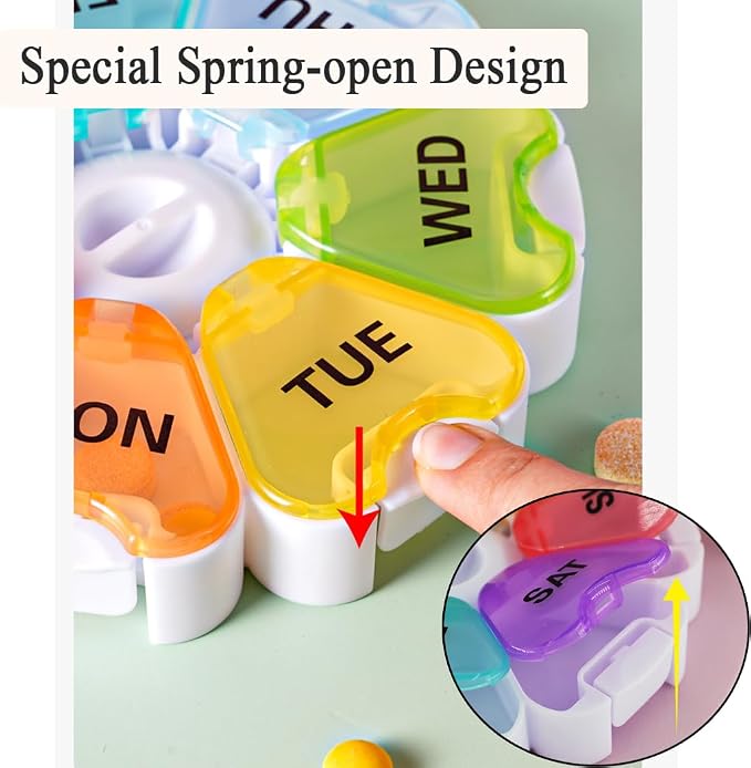 Portable Travel Size 7 Day Pill Box Case with Spring Open Design | Weekly Pill Organizer Daily Large Compartment Meds Container for Vitamins, Cod Liver Oil, Supplements, Fish Oil, Medication