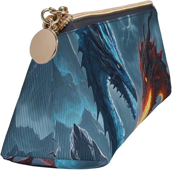 Leather Pen Case with Zipper - Aesthetic Pen Holder Ice Dragon and Fire Dragon Pencil Case for Women & Men - Handcrafted Pencil Bag Multi-Functional Travel Cosmetic Case for Work Office Tool Pouch