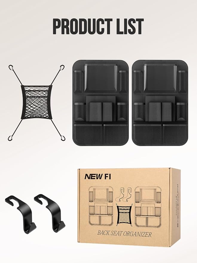 New Fi Backseat Car Organizer(20 Storage Pockets),Come with Free 1 Seat Net and 2 Headrest Hook, Touch Screen Tablet Holder, Divider for Driving Safely Children & Pets…, Car Organizer (black)