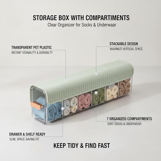 Stackable Storage Box with Dividers, Clear PET Plastic Organizer for Accessories & Essentials, Space-Saving Drawer Bin