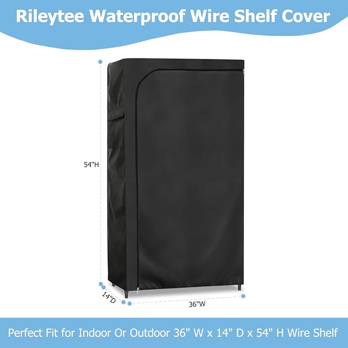 Rileytee Wire Shelf Cover,Heavy Duty 600D Dustproof Waterproof Shelf Covers for Wire Shelving,Outdoor Storage Rack Cover for Wire Rack with Zipper,Black,36"W x 14"D x 54"H