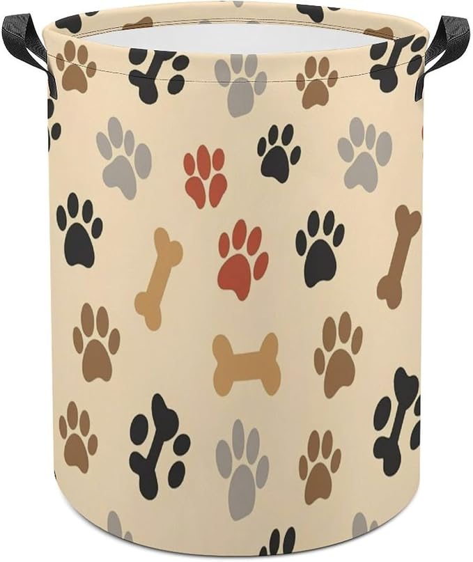 Large Capacity Foldable Hamper Dog Bone Paw Prints Cream, Waterproof Laundry Basket with Handles for Bedroom, Bathroom, and Clothes Storage