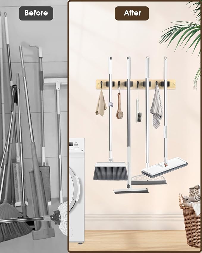 AceMining Light Wood Broom Holder Wall Mount, 4 Holders 4 Hooks Mop Holder | Mop Holder Wall Mount and Broom Hanger for Garage, Laundry Room, Kitchen and Utility Storage