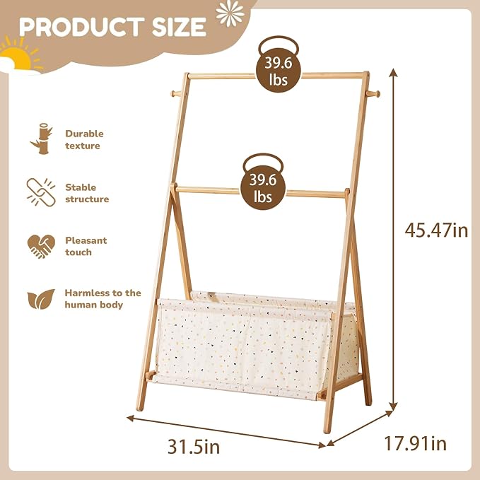 Baveke Kids Clothing Rrack- Kids Dress Up Rack for Little Girls, FSC-Certified Bamboo Kids Clothes Rack, Toddler Dress Up Storage Rack & Folding Costume Rack, Double Rods, Pets Clothes Rack, Spot