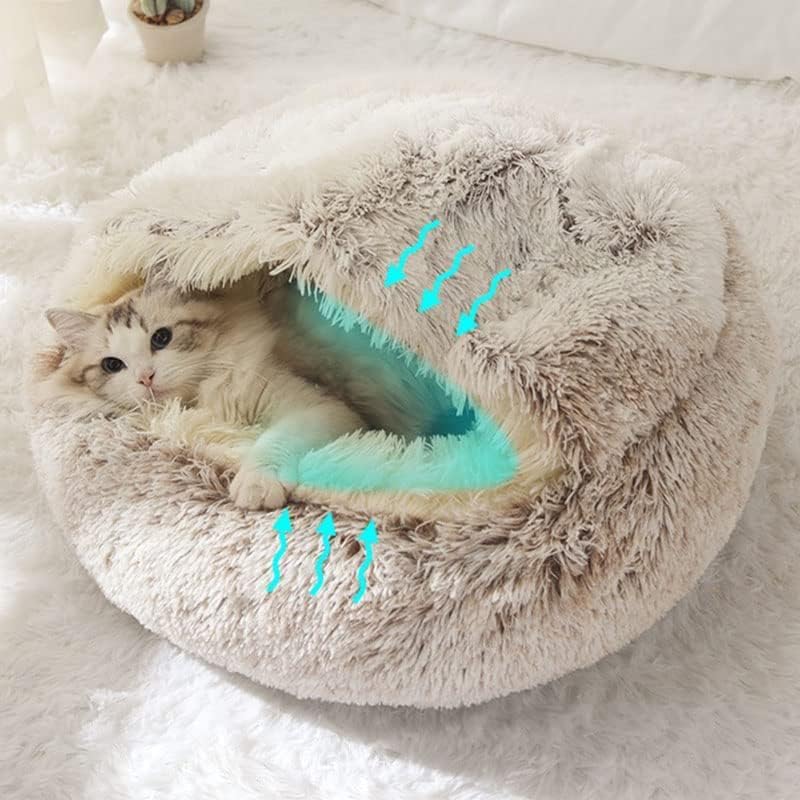 Round Fluffy Hooded Cat Bed Cave, Anti-Anxiety Cave Bed with Blanket | Hooded Cat Bed Cave, Cozy Cuddler Luxury Puppy Pet Bed, Anti-Slip Bottom and Machine Washable