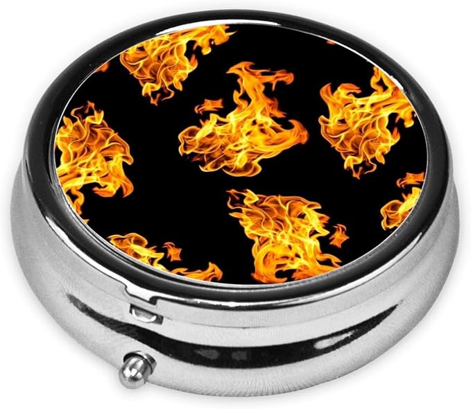 Travel Pill Organizer, Small Round Case with Mirror, Portable Pill Box for Fish Oil Vitamins, Pocket Purse Carry for Commuters, Flame Fire