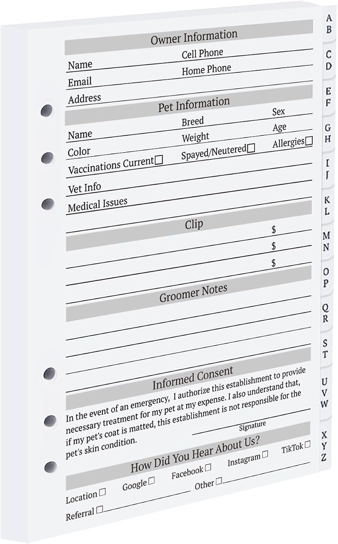 Dog Grooming Cards, With A-Z Tabs, 5.6" X 8.2",200 Sheets | Pet Grooming Client Cards, Kennel Care Client Record Book, Client Profile Cards Dog Grooming Salon