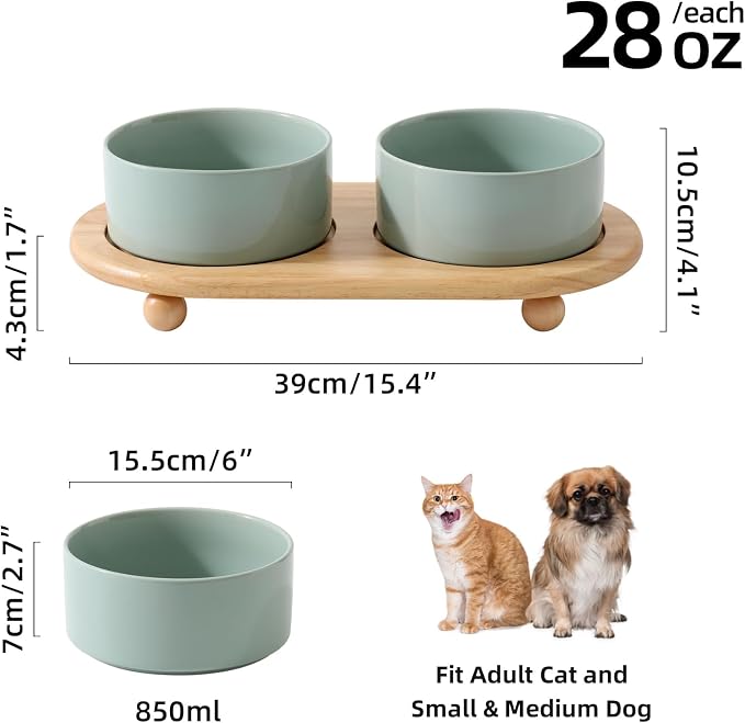 Havniva Raised Cat Bowl, 6.1” Elevated Ceramic Cat Food and Water Bowl Set | Cat Bowls Elevated, Whisker Friendly Cat Bowl, Non-Slip Wood Stand, Food-Grade Ceramic, Wide Opening, Dishwasher Safe