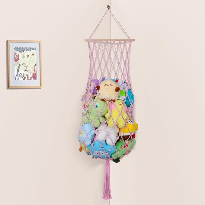 68 Inch Stuffed Animal Storage Hammock Corner Plushie Net,Pink | Boho Macrame Large Toy Hammock for Stuffed Animals Organizer,Wall Ceiling Over Door Stuffy Storage Holder,Nursery Room Decor