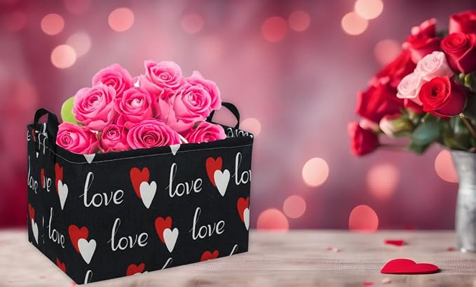 Essme Rectangular Heart Basket Gift Storage Box,Heart Storage Bins Organizer with Handles for Girls Room Decor,Basket,Shelf Basket.(Black love)
