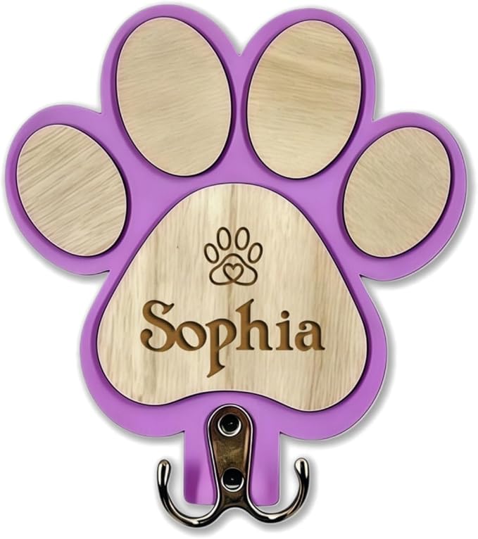 Custom Dog Leash Holder, Personalized Wooden Key Rack with Engraved Name, Wall Mounted Decor Pet Harness Collar Organizer Storage for Dog Lovers(Purple)