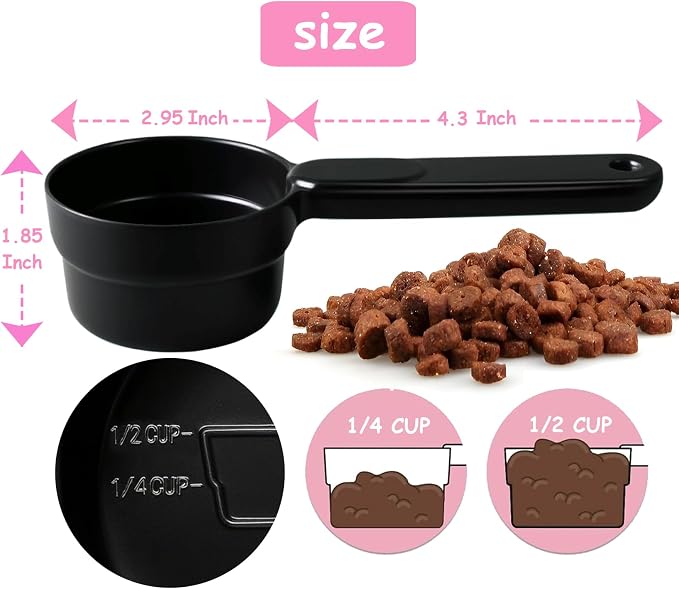 Joyinjojo Dog Cat Food Scoop - Pet Food Scoop Dog Food Measuring Cup 1/2 1/4 Cup, Comfortable Long Handle for Easy to Scoop Food, Black 1/2 Cup