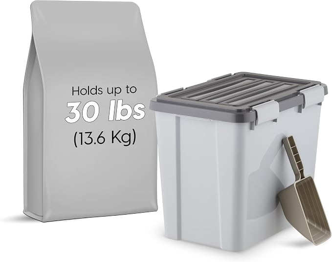 IRIS USA Dog Food Storage Container, Up to 30 lbs, Gray/Dark Gray | Made in the USA, Comes with 2-Cup Scoop, Stacklable, BPA-Free, 4 Secure Latches, Bird Seed, Chicken Feed, Pellets, Camping
