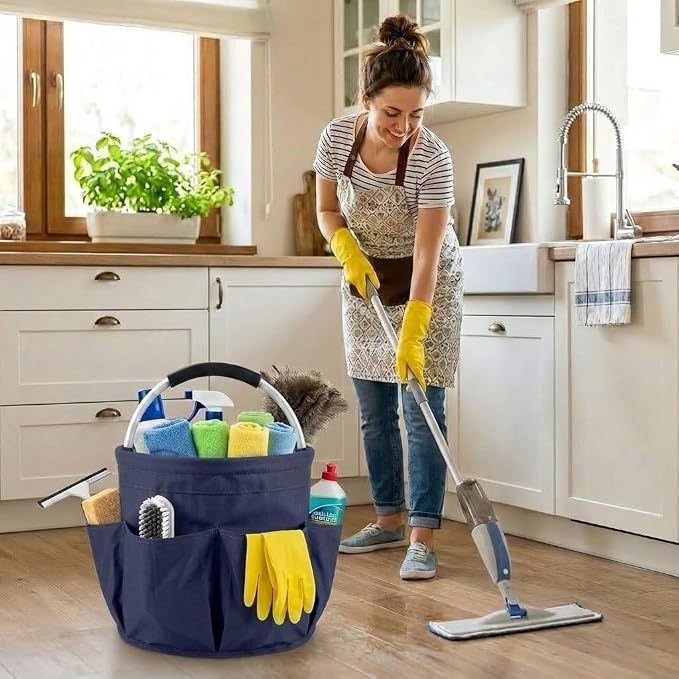 Foldable Cleaning Caddy with Handle 17L Large Cleaning Supplies Organizer 600D Oxford Portable Bucket Basket with 6 Pockets for Home Bathroom Garden Garage - Blue