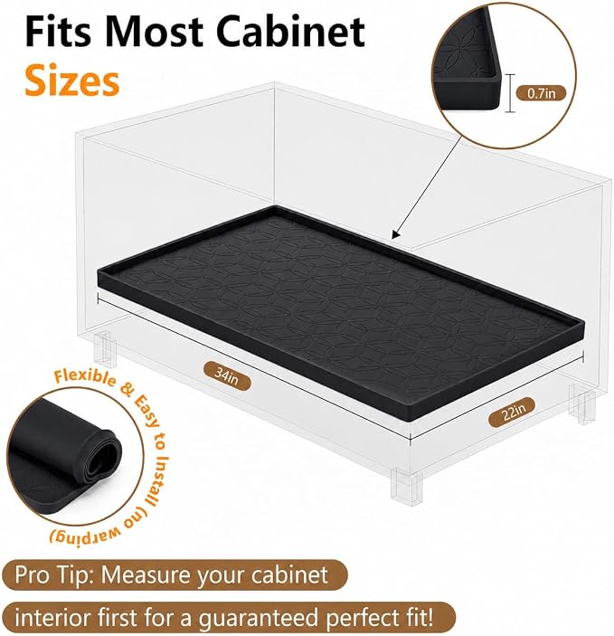 34"x22" Waterproof Cabinet Protector Silicone Under Sink Tray(Black) | Thick Silicone Under Sink Drip Tray with Protective Lip, Flexible Anti-Slip Mat for Kitchen, Bathroom, Laundry & RV