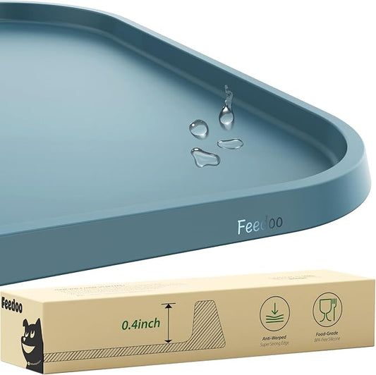 Pet Feeding Mat [Warped Resistant Raised Edge], Water-Proof Silicone Placement for Food Water Bowls, Anti-Slip Base Protect Floor, BPA-Free&Dishwasher-Safe [28.5x16.5inch XL, Blue]