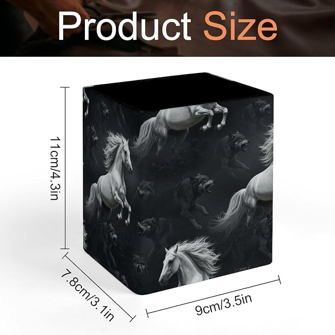 Pen Pencil Holder for Men Women, Pu Leather Square Pencil Organizer Case Dark White Running Wild Horse Wolves Black Makeup Brush Holder Office Supplies