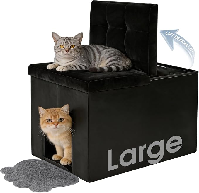 MEEXPAWS Cat Litter Box Enclosure Furniture L Velvet Lift Design Lid | Large Hidden Cat Washroom Bench Ottoman, Storage Cabinet Dog Proof,Urine Proof, Easy Clean, Quick Assembly, Black