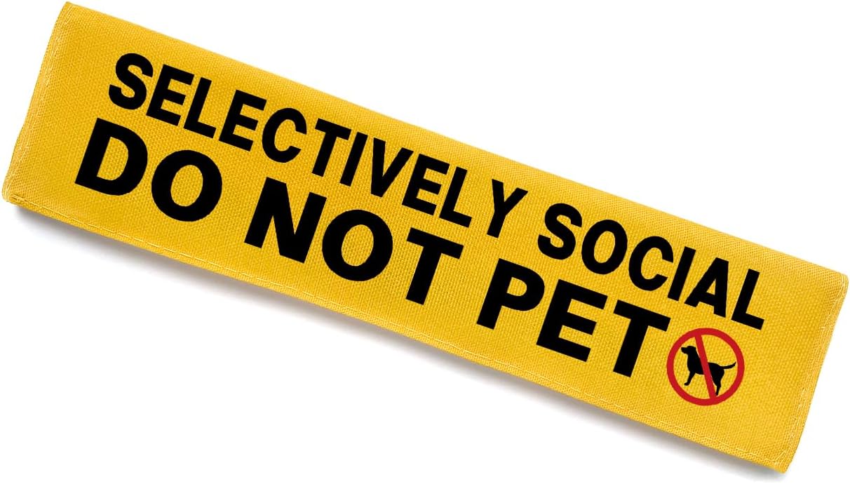 Selectively Social Dog Leash Sleeve - Funny Yellow Alert Hanging ID Patch Tag, Do Not Pet Leash Sleeve Service Dog Accessory, Pet Birthday Gift for Dog Owners