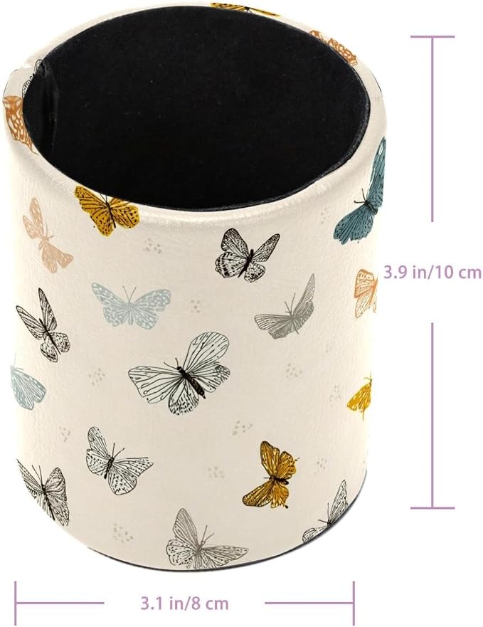 Faux Leather Pen Holder for Desk, Pencil Organizer Butterfly Pen Cup Desk Decor Makeup Brush Holder Storage for Office Home