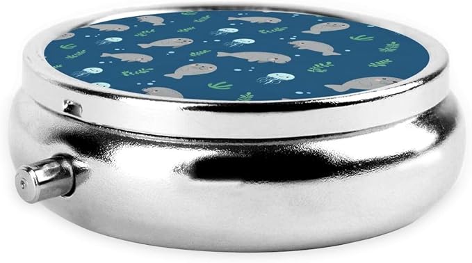 Small Travel Pill Box, Manatee Underwater Round Metal Organizer, 3-Compartment Case for Fish Oil, Pocket Purse Dispenser for Vacation