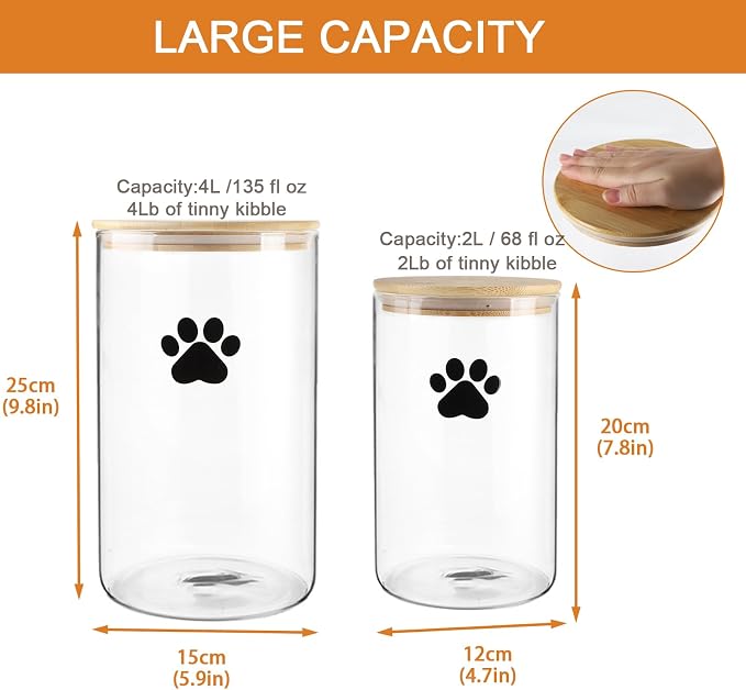 Glass Dog Treat Jars Set of 2,135oz+68oz Round Dog Cat Food Container with Bamboo Lids,Airtight Cat Treat Jar, Puppy Food Cookie Jar-Keep Fresh Crispy