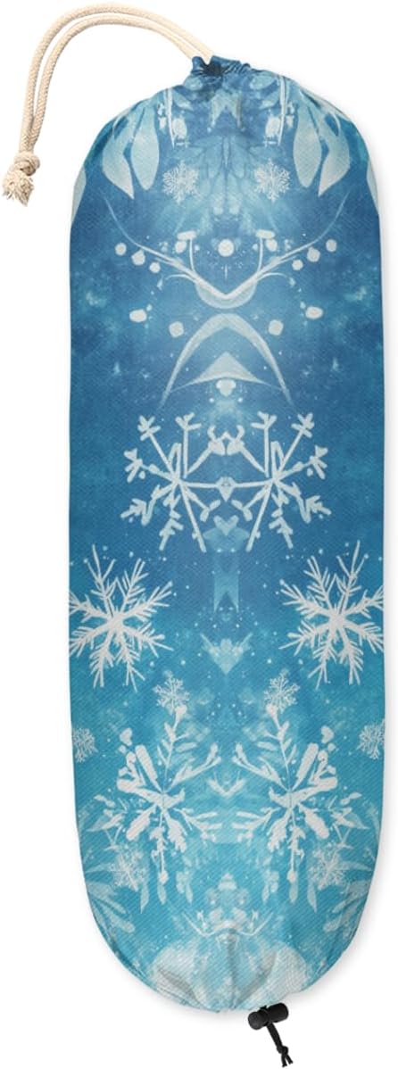 Winter Snowflakes Plastic Bag Holder Snow Blue Grocery Bag Storage Dispenser Washable Hanging Shopping Bags Carrier Reusable Wall Mount Trash Bag Organizer for Kitchen Pantry