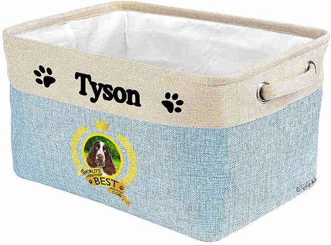 Custom Name Collapsible Dog Toy Storage Basket Bin World's Best Dog English Springer Spaniel Foldable Pet Toy Box Closet Shelf Baskets Organizer for Bedroom Home Dog Cat with Handles Blue