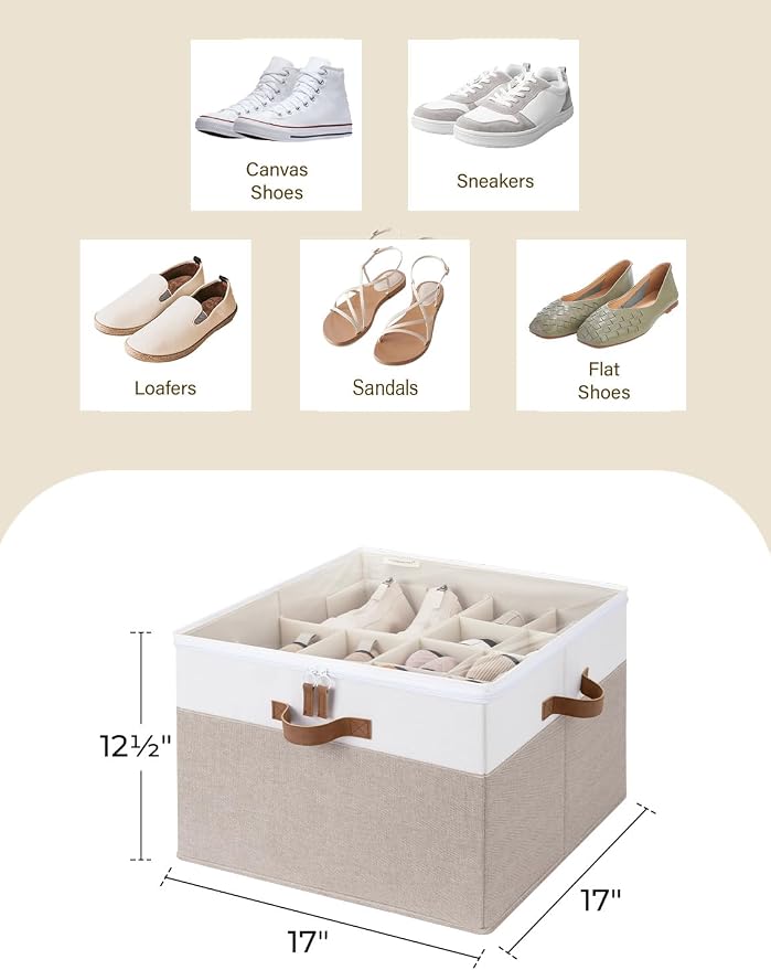 StorageWorks 16-Pair Fabric Shoe Storage Box for Closet, Brown and White | Adjustable Dividers, Holds up to 16 Pairs, Foldable, Clear Lid, Soft Handles, Fits Sneakers, Sandals & Flats, For Mudroom