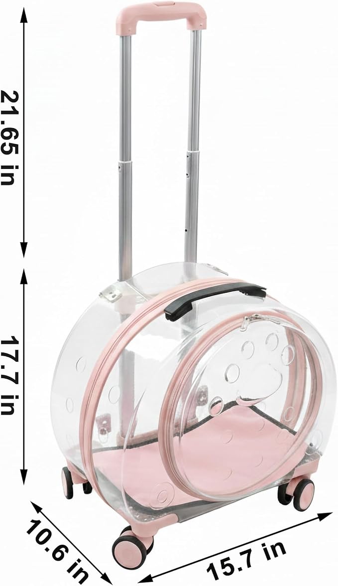 Transparent Hard Shell Cat Carrier with Wheels, Pink | Rolling cat carrier, 17-lb max load, Breathable, Telescoping handle, Shoulder strap, Clear pet carrier, Portable, Travel