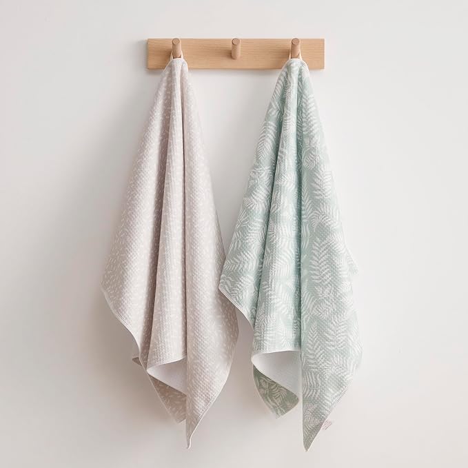 Set of 2 Waffle Kitchen Towels, Quick Dry Dish Towels, Absorbent Reusable Cleaning Tea Towels with Fern Leaf Print,18” x 30”, Housewarming Gifts
