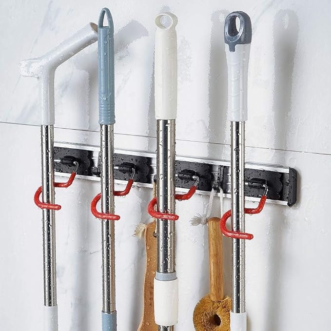 Wall Mounted Mop and Broom Holder, Stainless Steel, Red Black, 34 Inches, 8 Position Rack with 6 Hooks, S Type Organizer