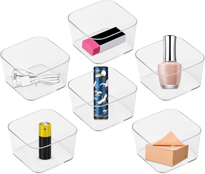 6 PCS PET Square Desk Organizer Tray, Clear Drawer Organizer Set for Home Office, Desk Drawers Dividers Makeup Vanity Storage Bins Kitchen Utensils