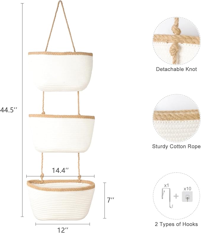 TeoKJ Over the Door Hanging Basket, 3-Tier Woven Cotton Wall-Mounted Storage Organizer Bag Decorative Hanging Nursery Baskets, White & Dark Brown