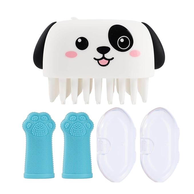 3PCS Pet Grooming Kit – Dog Bath Brush with Soap Dispenser & 2 Finger Toothbrushes | Silicone Dog Shampoo Brush for Small Medium Large Dogs, Soft Deshedding Massage Brush for Puppy & Cats