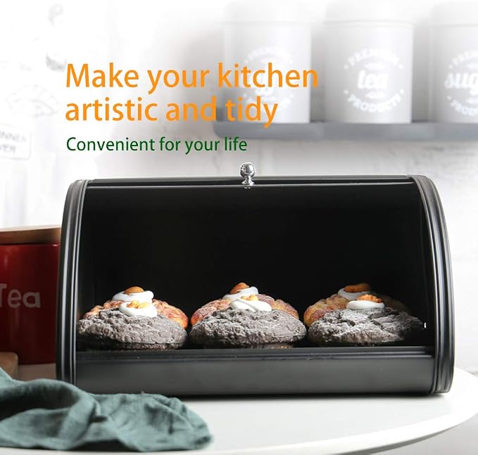 Home by Jackie Inc X458 Black Metal Bread Box/Bin/kitchen Storage Containers with Roll Top Lid (Black) | Large Space, Keeps Bakery Items Fresh Longer, Stores Cookies, Bagels, Muffins
