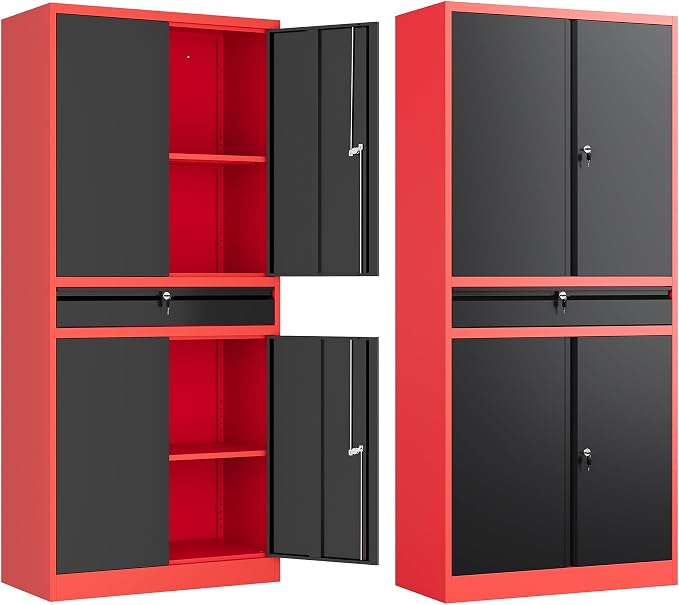 Metal Garage Storage Cabinet with Drawer,4 Door Tool Cabinet with Adjustable Shelves for Garage Home Office Utility Room (Red)