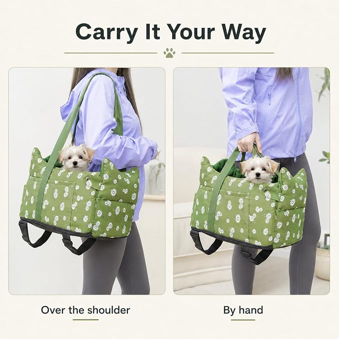 Dog Console Car Seat for Small Dogs 5-15 lbs, Light Green | Portable Center Armrest Puppy Booster, Anti-Collapse Travel Bed with Washable Fluffy Cushion