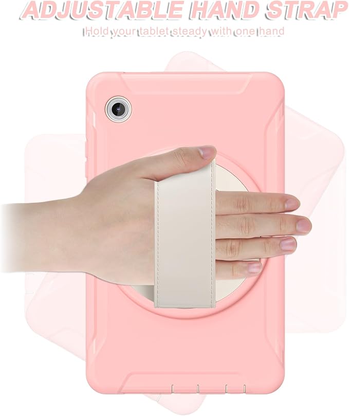 for Samsung Galaxy Tab A11 (2025) 8.7 inch Case 5G with Screen Protector, Hand Strap, Pen Holder & 360° Rotating Stand,Shockproof Protective Cover for SM-X130/X133/X135 (Pink)