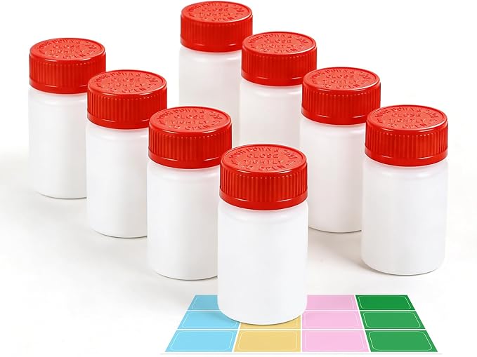 3.4oz Plastic Pill Bottles with Child Resistant Caps, Empty White HDPE Solid Containers with Labels, Reusable Supplement Bottles for Powder, Pills, Vitamins (8 Pack)