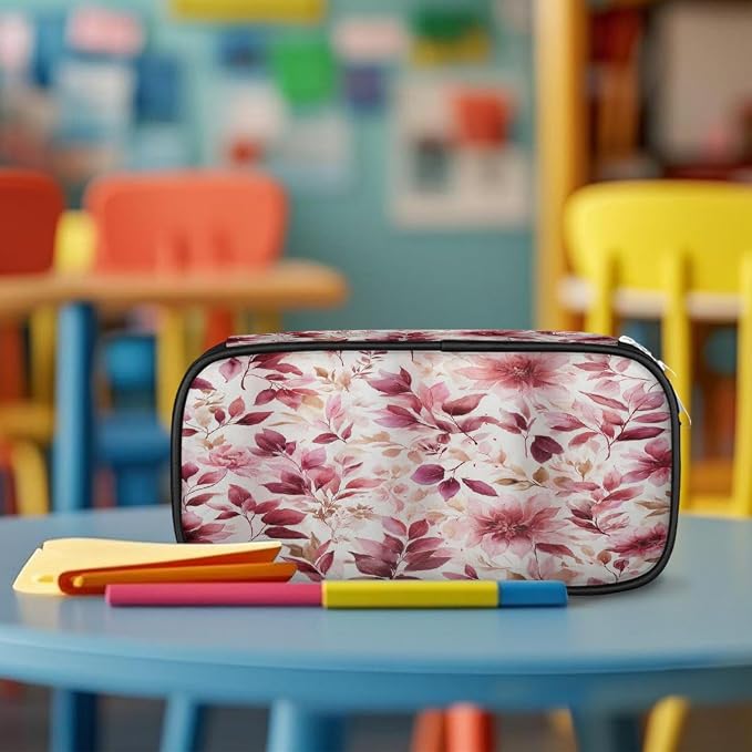 Pencil Case Large Capacity Pencil Bag Watercolor Pink Red Leaf Flower Pouch Box Organizer Pen Case, School Supplies for Teen Adult