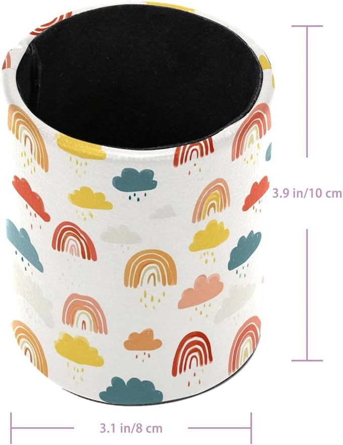 Faux Leather Pen Holder for Desk, Pencil Organizer Rainbows and Clouds Pen Cup Desk Decor Makeup Brush Holder Storage for Office Home