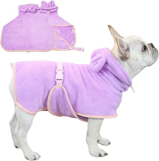 Pet Bathrobe for Dog Cat Absorbently Quick Drying Coat Cute Dogs Bath Towel Hooded Robe Adjustable Collar & Belly Strap for Pool Beach (Purple, X-Small)