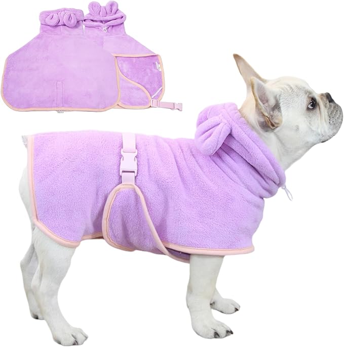 Pet Bathrobe for Dog Cat Absorbently Quick Drying Coat Cute Dogs Bath Towel Hooded Robe Adjustable Collar & Belly Strap for Pool Beach (Purple, Medium)
