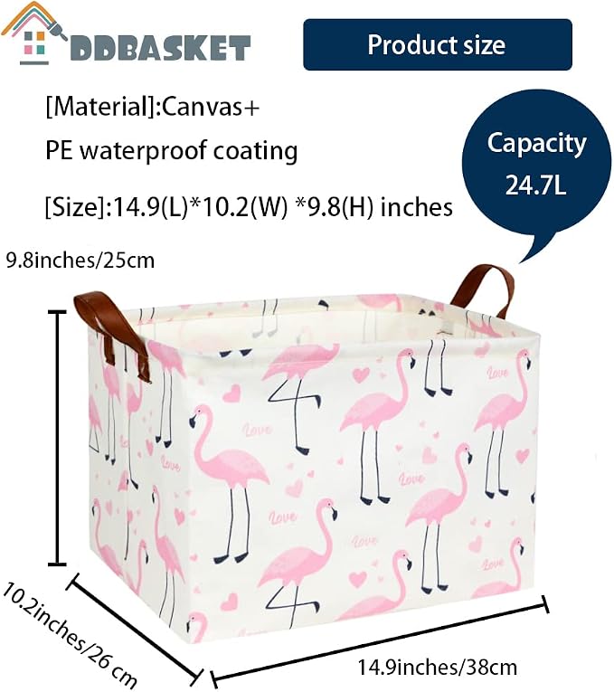 Flamingo Pink Basket Nursery Storage Basket Rectangular Cute Pattern Storage Bin Organizer Book Shelf Basket Flamingo Room Decor(Love Flamingo)