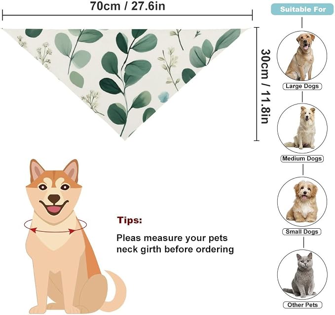Washable Portable Pet Scarf Watercolor Sage Green Leaf for Small to Large Dogs Travel, Wedding Party, Daily Wear, Ultra Soft Fashion Scarves