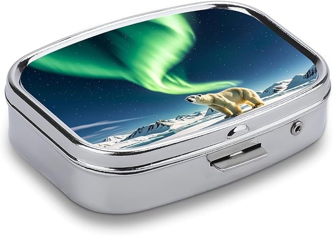 Northern Lights Polar Bear Pill Box 2 Compartment Medicine Pill Case Portable Pill Organizer for Pocket Or Purse Decorative Metal Medicine Vitamin Organizer