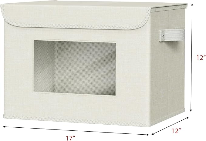 Univivi Fabric Storage Bins with Lids for Clothes 4 Pack, Beige Linen | 17 x 12 x 12 In Foldable Storage Boxes with Handles, Clear Window, Closet Organizers for Home, Bedroom