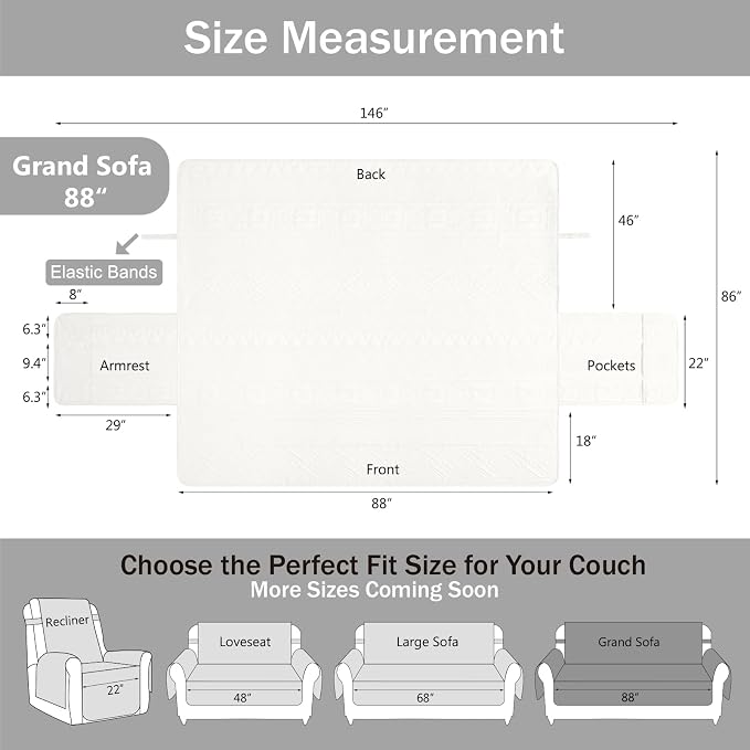Boho Quilted Grand Sofa Couch Covers, Soft Cozy Couch Protector for 4 Cushion Couch, Pet-Friendly Couch Covers for Super LargeSofa, Oversized GrandSofa Slipcovers (Grand Sofa 88", White)