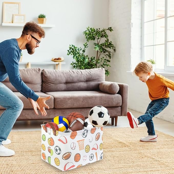 Rectangular Ball basket,Kids Storage Bins, Foldable and waterproof canvas kids basket organizer, Boys toy box,boys Room Decor,shelf basket(Ball game)